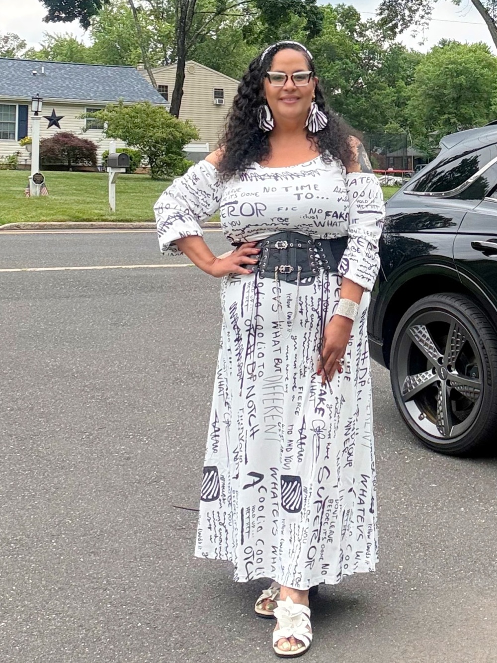 SHEIN White Maxi Dress with Black Script Print